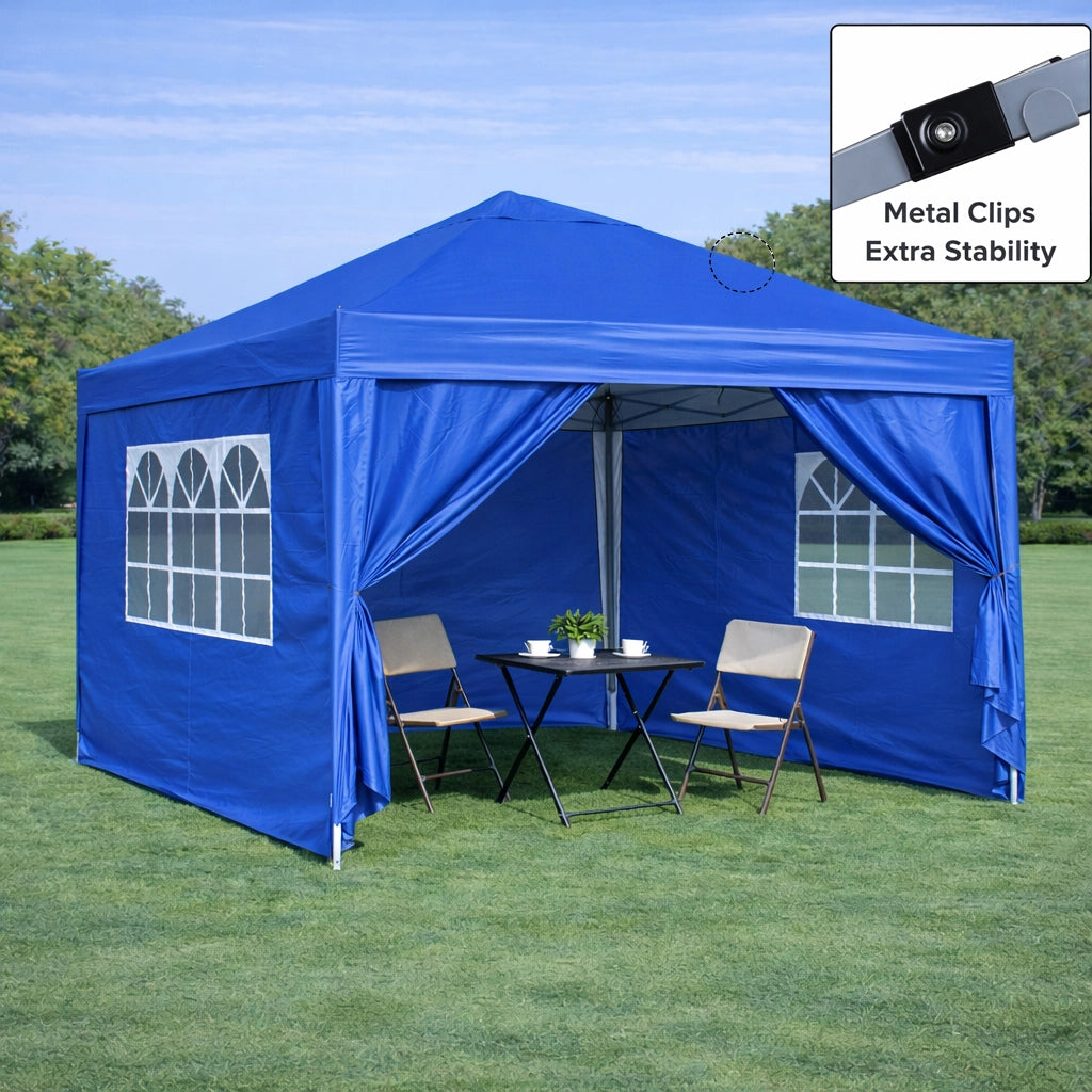 Gazebo da giardino pieghevole impermeabile con 4 pareti laterali e 4 sacchi di sabbia in acciaio blu 3 × 3 m