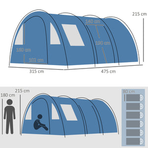 Tenda da Campeggio per 5-6 Persone 475x315x215 cm con 2 Porte Finestre e Tasche Portaoggetti Blu