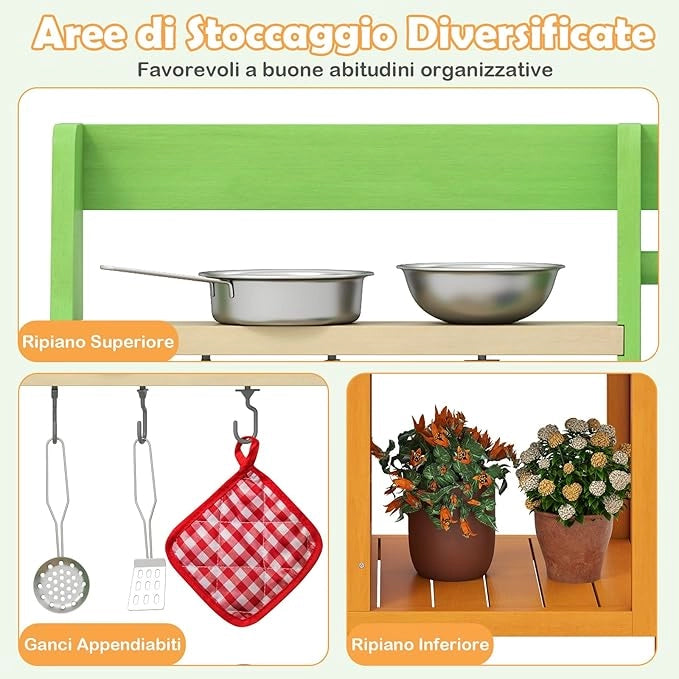 Cucina Giocattolo in Legno, Cucina da Gioco all'Aperto con Fornelli Realistici, Rubinetto, Lavandino, Forno e Accessori per Pentole, Giocattoli per Bambini dai 3+ Anni
