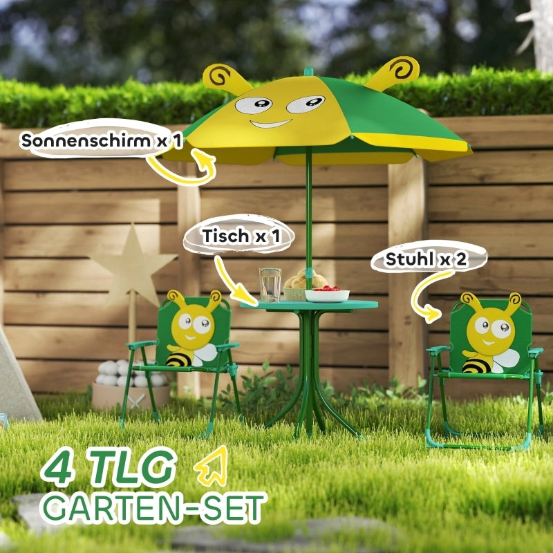 Set di mobili da giardino per bambini, composto da sedie, tavolo e ombrellone, con motivo ape, nei colori verde e giallo.