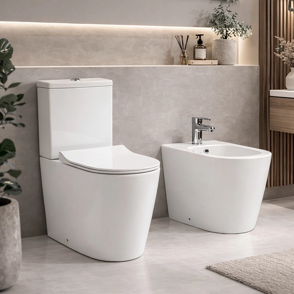 Set sanitari in ceramica bianco filomuro monoblocco rimless con copriwc Kyoto