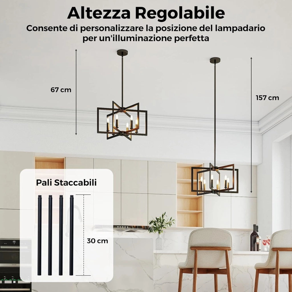 Lampadario a Sospensione a 6 Luci, Lampada a Sospensione Geometrica Moderna in Metallo Industriale con Altezza Regolabile, Lampada da Soffitto per Cucina, Salotto e Camera da Letto (Nero)