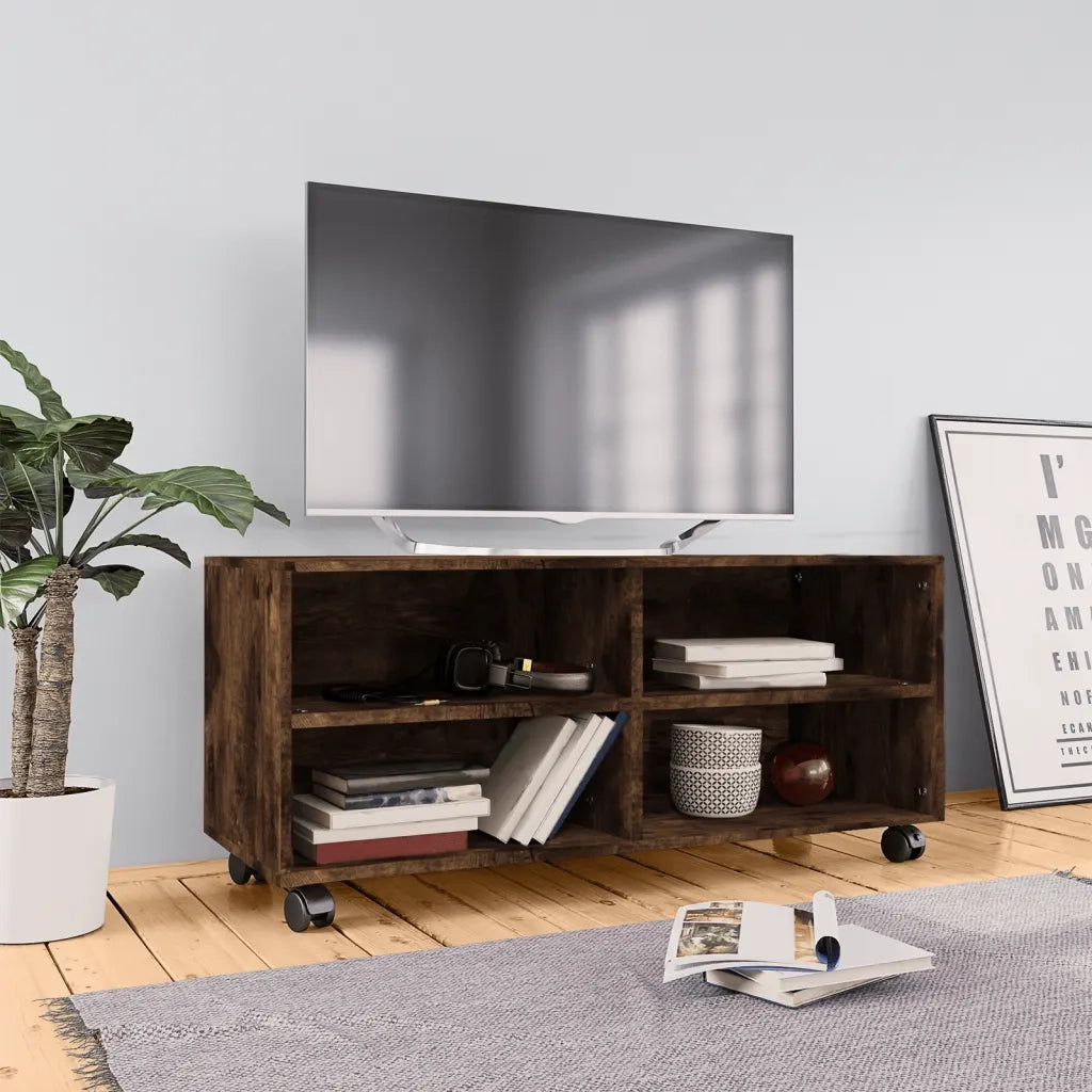 Mobile TV con Ruote-Credenza per TV Rovere Fumo 90x35x35cm in Legno Multistrato
