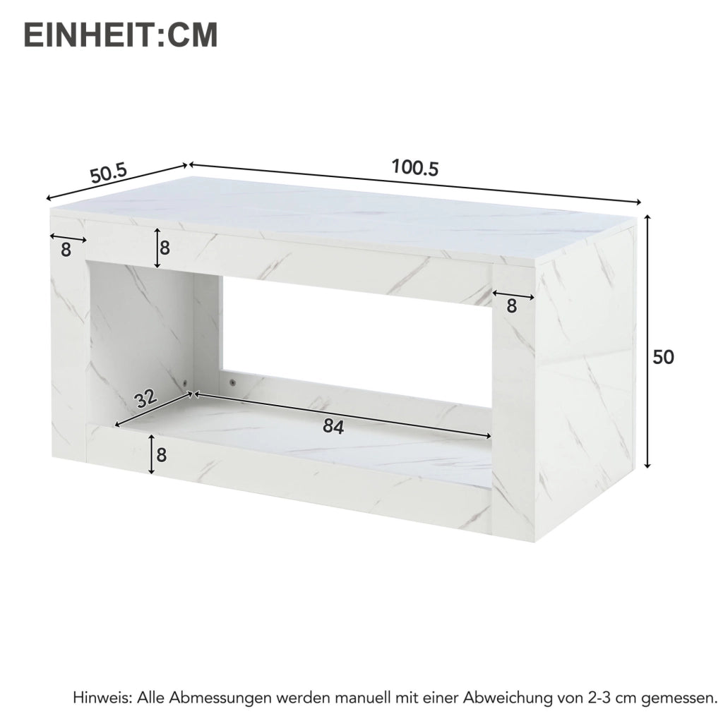 Tavolino da caffè con LED e vano aperto 100x50x50 cm bianco effetto marmo