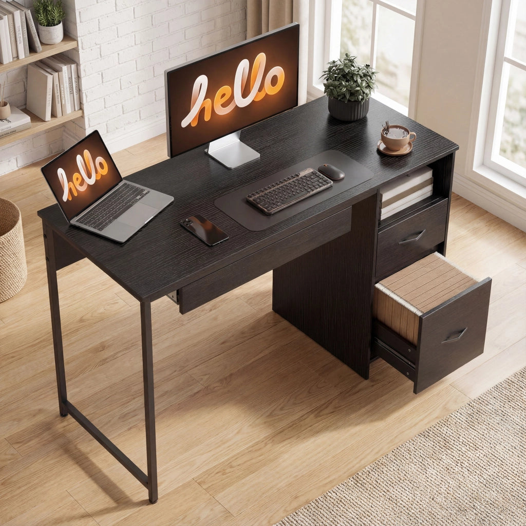 Scrivania da Ufficio Salvaspazio 120x52,3x76 cm con Cassetti in Legno e Acciaio Nero