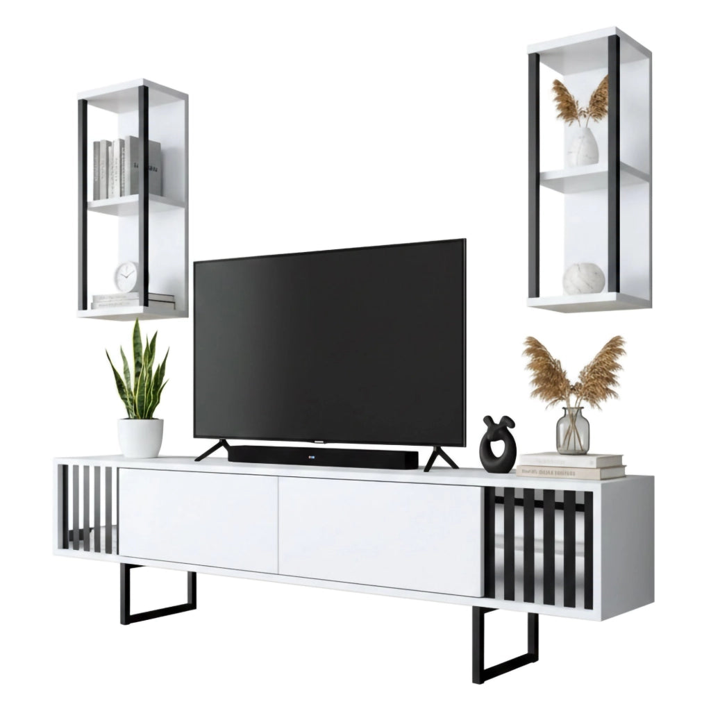Mobile porta TV Iva, Credenza da soggiorno, Armadio basso per TV, Base parete attrezzata, 180x30h48 cm, Bianco e Nero