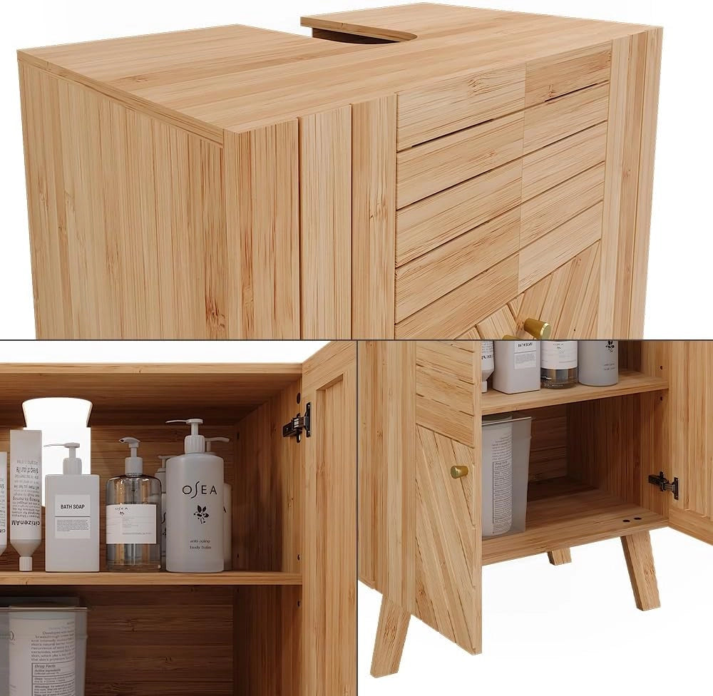 Mobiletto per lavabo Lucie, Bambù, 60 x 65 cm con 2 porte, adatto per la conservazione salvaspazio di accessori da bagno