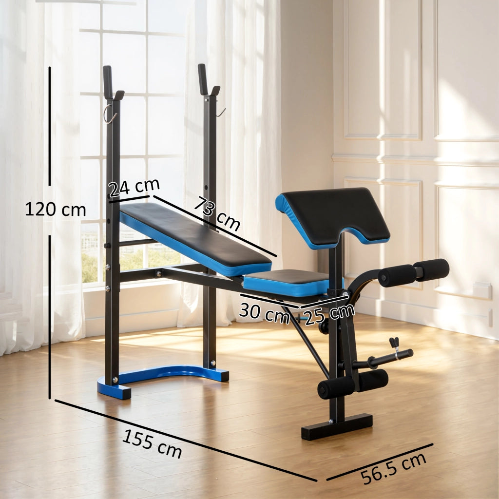 Panca Multifunzione con Supporto Bilanciere e Schienale Regolabile, in Acciaio e PU, 155x56.5x120 cm, Nero e Blu