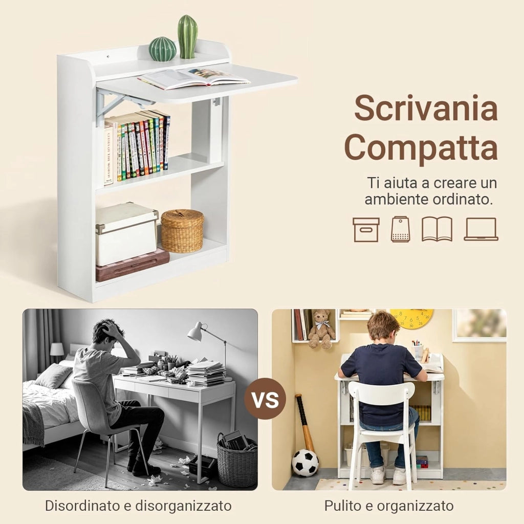 Scrivania Salvaspazio Scrivania Ufficio con Ripiani Tavolo Pieghevole da Parete Tavolo Richiudibile per Computer Scrittoio da Lavoro Bianca 64x58x82cm FWT92-W