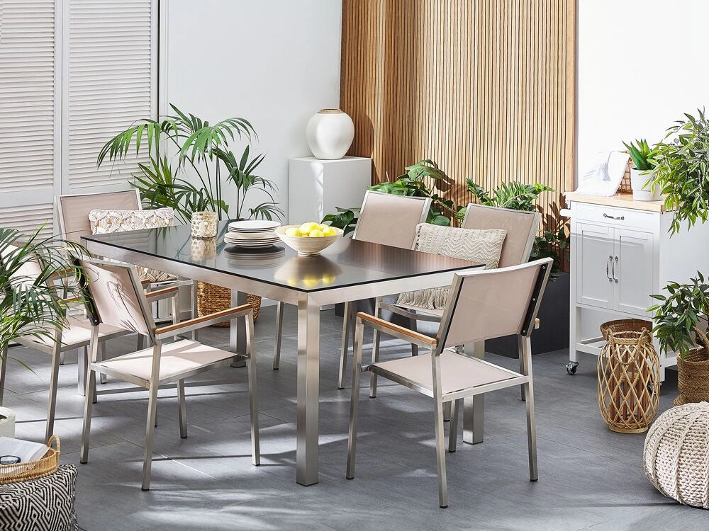 Set da pranzo da giardino beige con piano in granito Nero 6 posti 180 x 90 cm