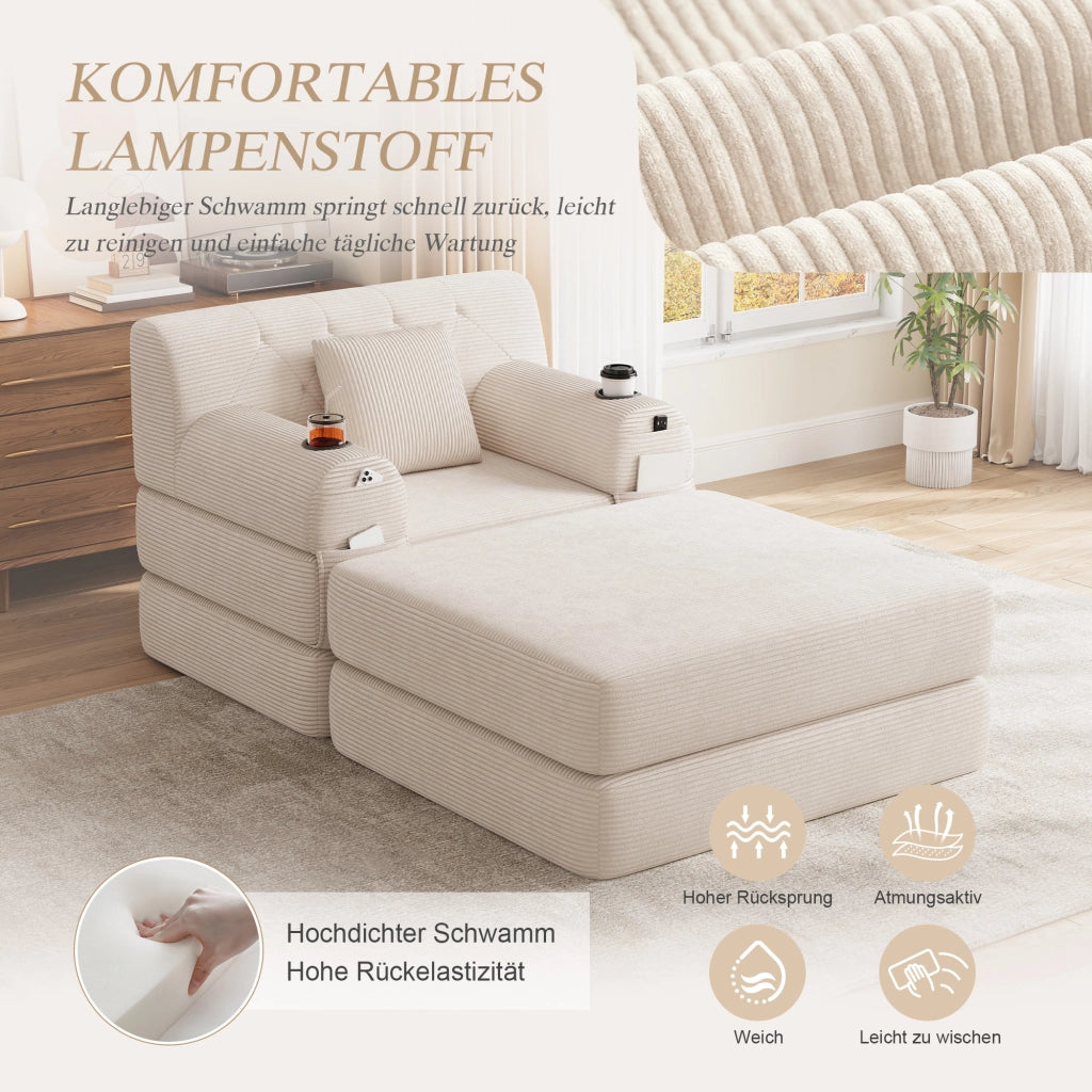 Poltrona letto compatta con funzione letto schienale alto tasche laterali e portabicchieri in tessuto cord beige