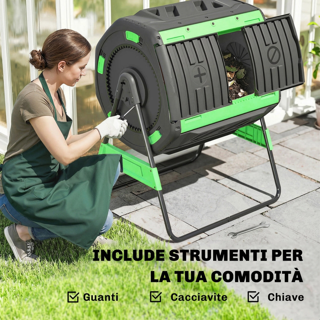 Compostiera Domestica 94x67x98 cm Capacità 200L a Doppia Camera con 8 Prese D'Aria in PP e Metallo Verde e Nero