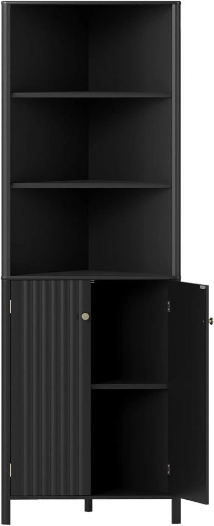 Armadio ad angolo alto, mobile da bagno con 3 ripiani aperti e 2 ante, ripiano inferiore regolabile, kit antiribaltamento, 58 x 32 x 172,5 cm, organizer per soggiorno, camera da letto (nero)