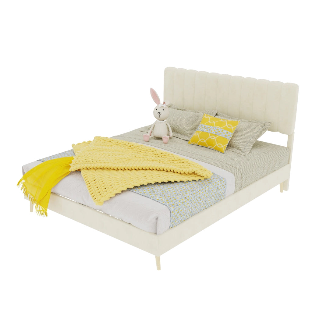 Letto imbottito moderno con testiera morbida, 140x200 cm, beige