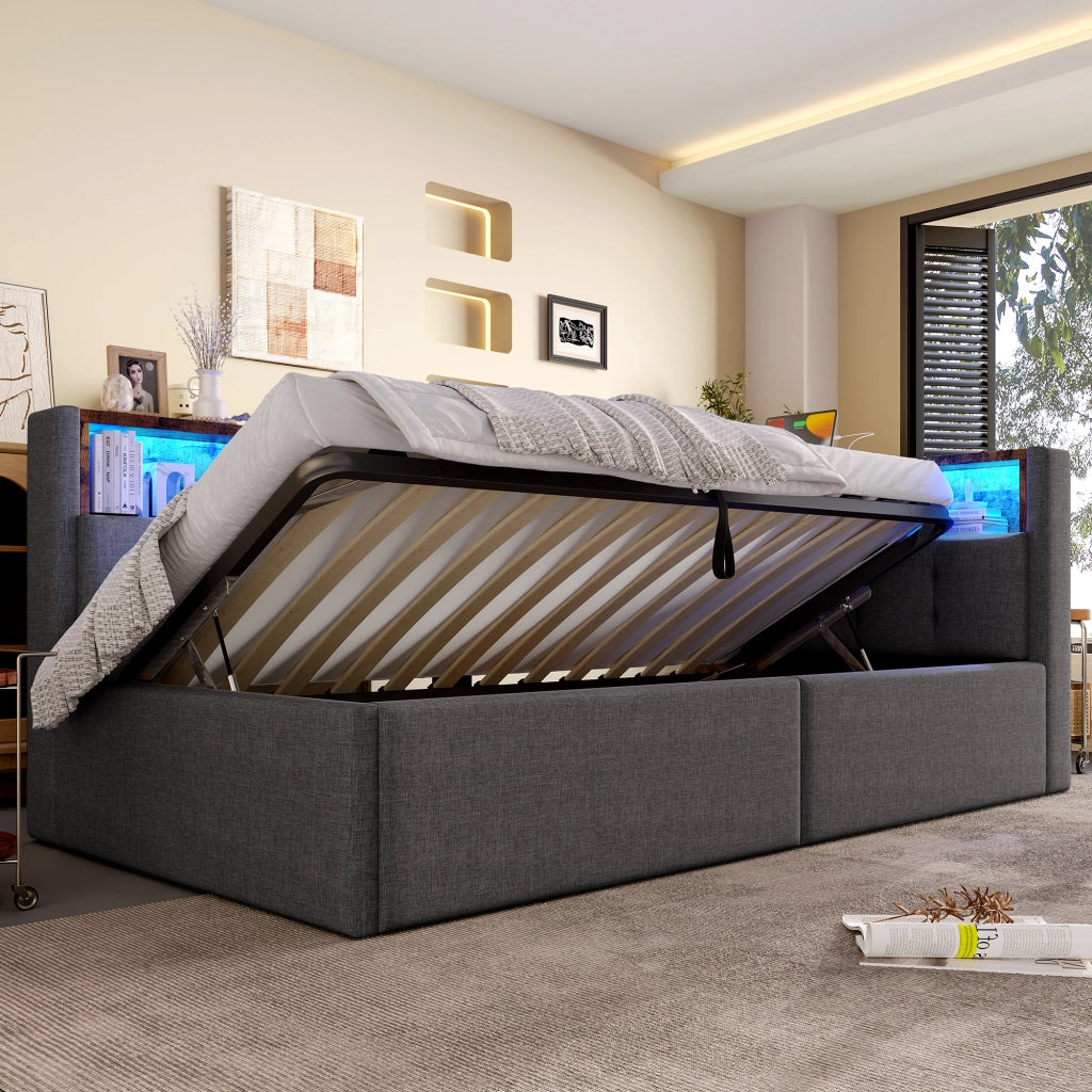 Letto singolo 90×200 cm con USB; tipo C; LED e vani portaoggetti; senza materasso; lino; grigio