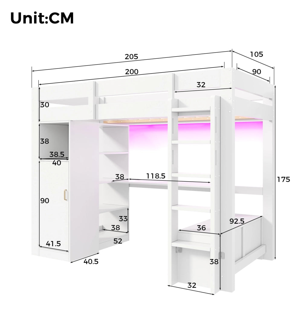 Letto a soppalco 90x200 cm con scrivania, armadio e LED in legno di pino e MDF bianco