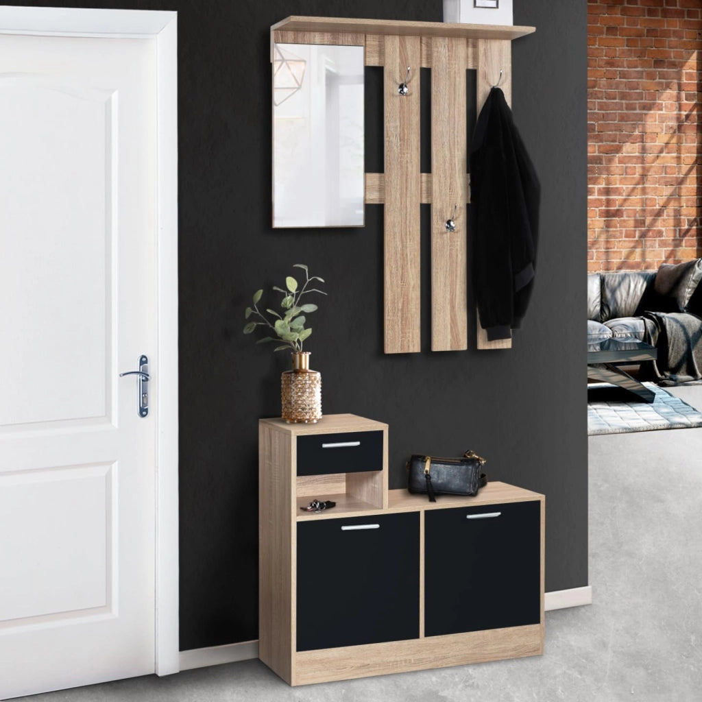 Mobile da ingresso, appendiabiti con specchio, design in legno faggio e ante nero PAULIN