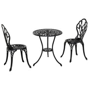Set da pranzo per 2 persone, composto da tavolo e 2 sedie, in alluminio nero, ideale per giardino e balcone.