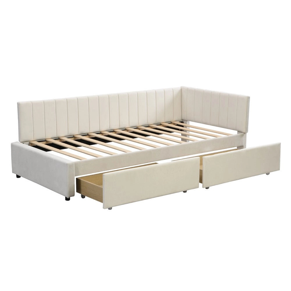 Letto Contenitore Imbottito ¨C MINIMAL ¨C Velluto Beige, 90x200, 2 Cassetti, Rete a Doghe