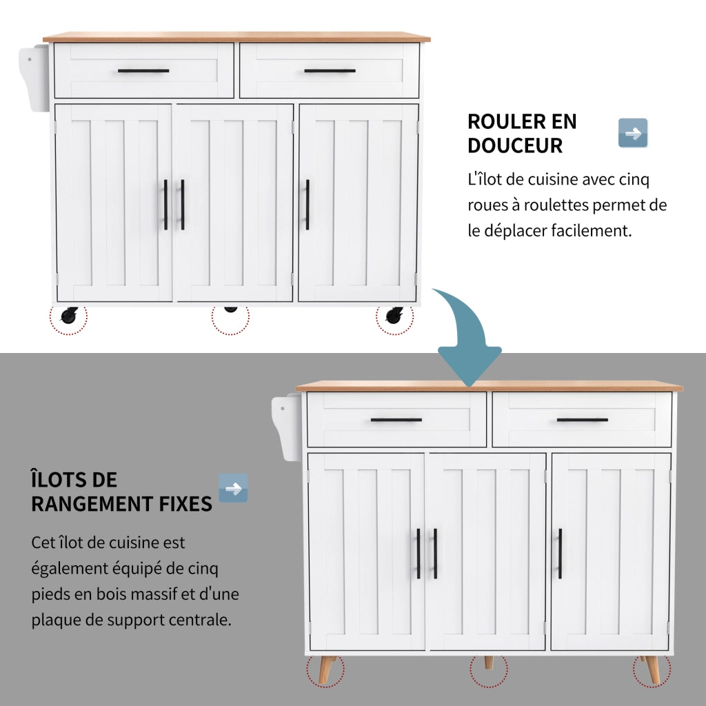 Carrello da cucina con 2 cassetti; 3 vani; piano ribaltabile e ruote per cucina e sala da pranzo; in MDF bianco; 129×46×91.5 cm