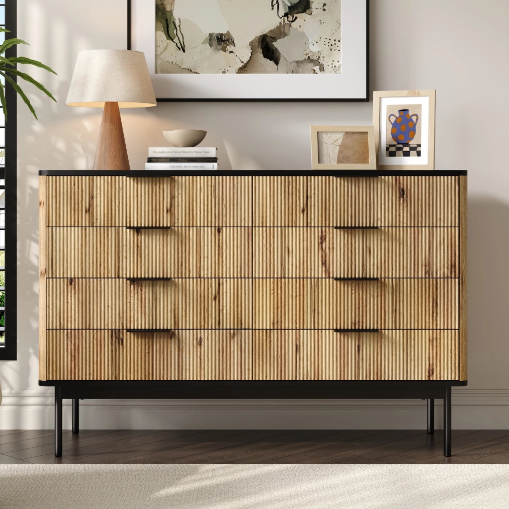 Credenza con 5 Cassetti; Rilievo Verticale; Piano Nero; Stile Moderno Nordico; in MDF; Naturale; 120??39;5??80 cm