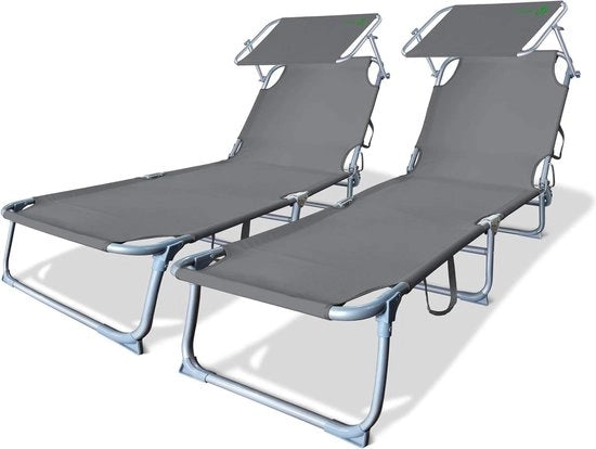 Sedia esterna pieghevole con ombrellone e parasole - Grigio poliestere - Massimo carico 110 kg, 2 pezzi