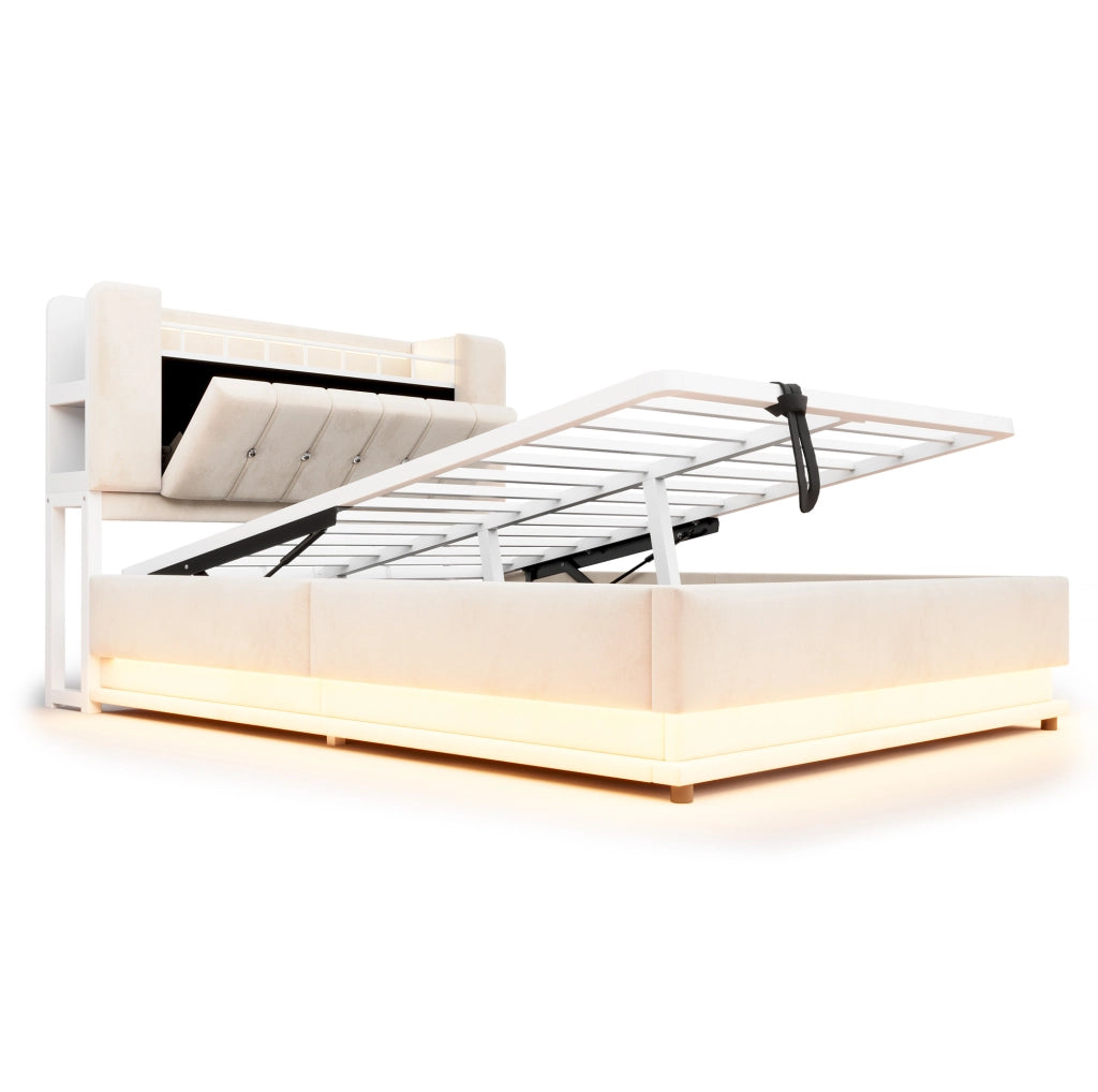 Letto imbottito 140x200 cm con LED; porte USB e vano contenitore idraulico; velluto beige