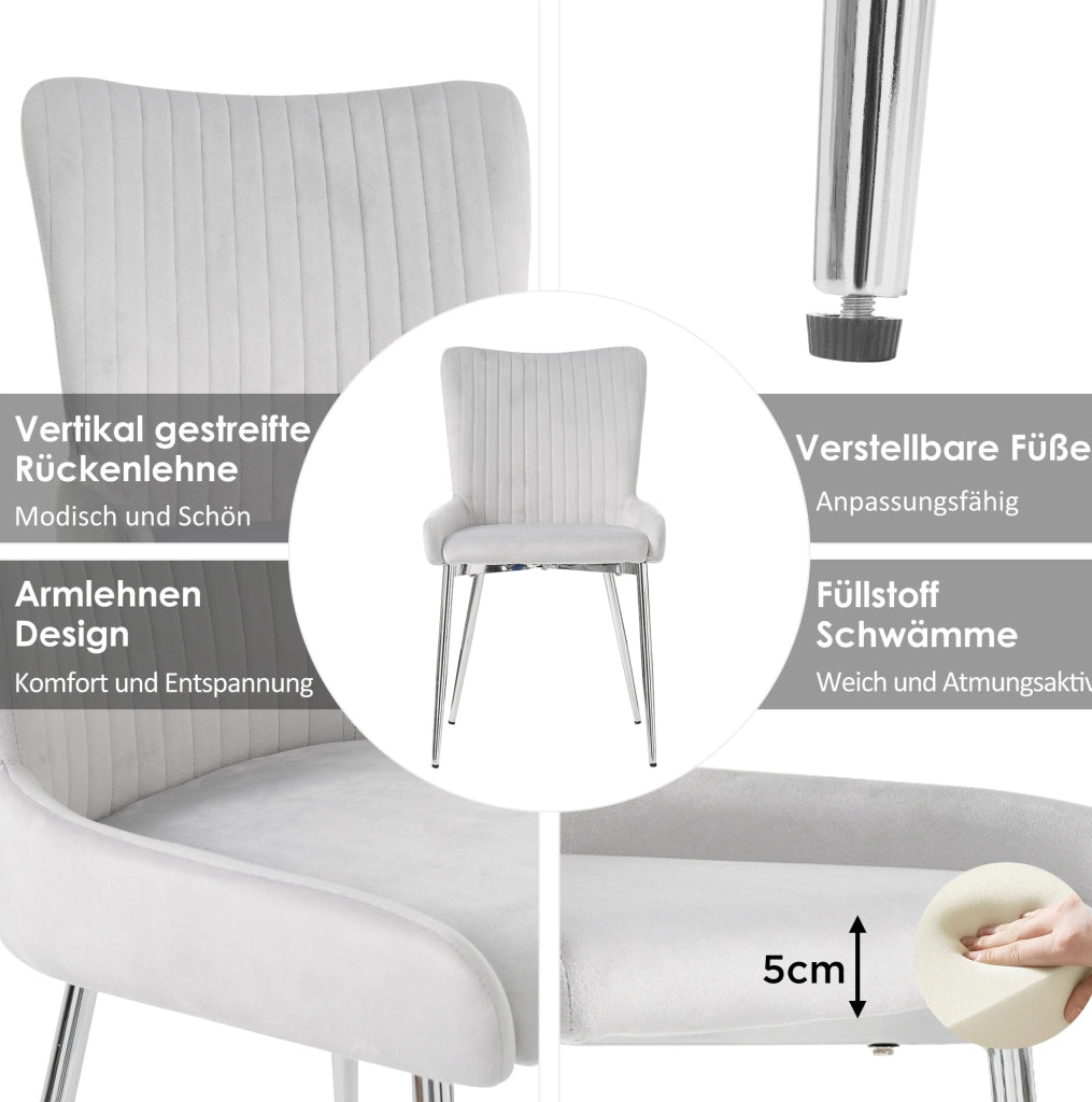Sedia da pranzo in velluto grigio; set 2 pezzi; con gambe in metallo