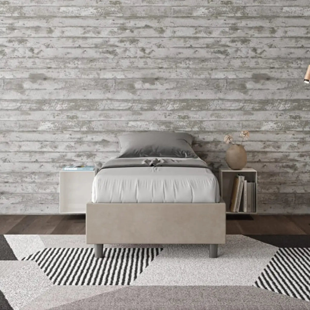 Letto singolo senza rete imbottito 80x200 microfibra sabbia Azelia