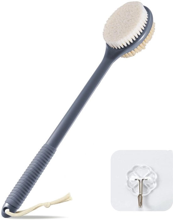 Rugborstel da bagno, set di spazzole umide e asciutte con manico lungo, spazzola per il corpo con setole naturali, spazzola esfoliante per la rimozione delle cellule epidermiche morte, contro la cellulite (grigio scuro)