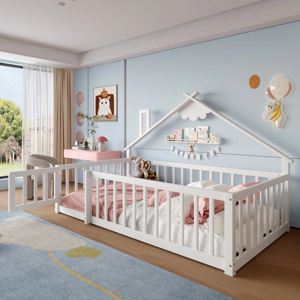 Letto a Casetta 90×190 cm; Letto Singolo per Bambini con Sponda con Chiusura; senza Materasso; Bianco