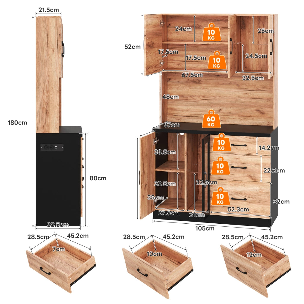 Mobile cucina alto con 3 cassetti; LED; prese USB e EU; MDF; 105x40x180 cm