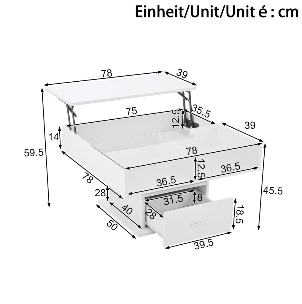 Tavolino da caffè elevabile LED bianco con contenitore, 78×78 cm