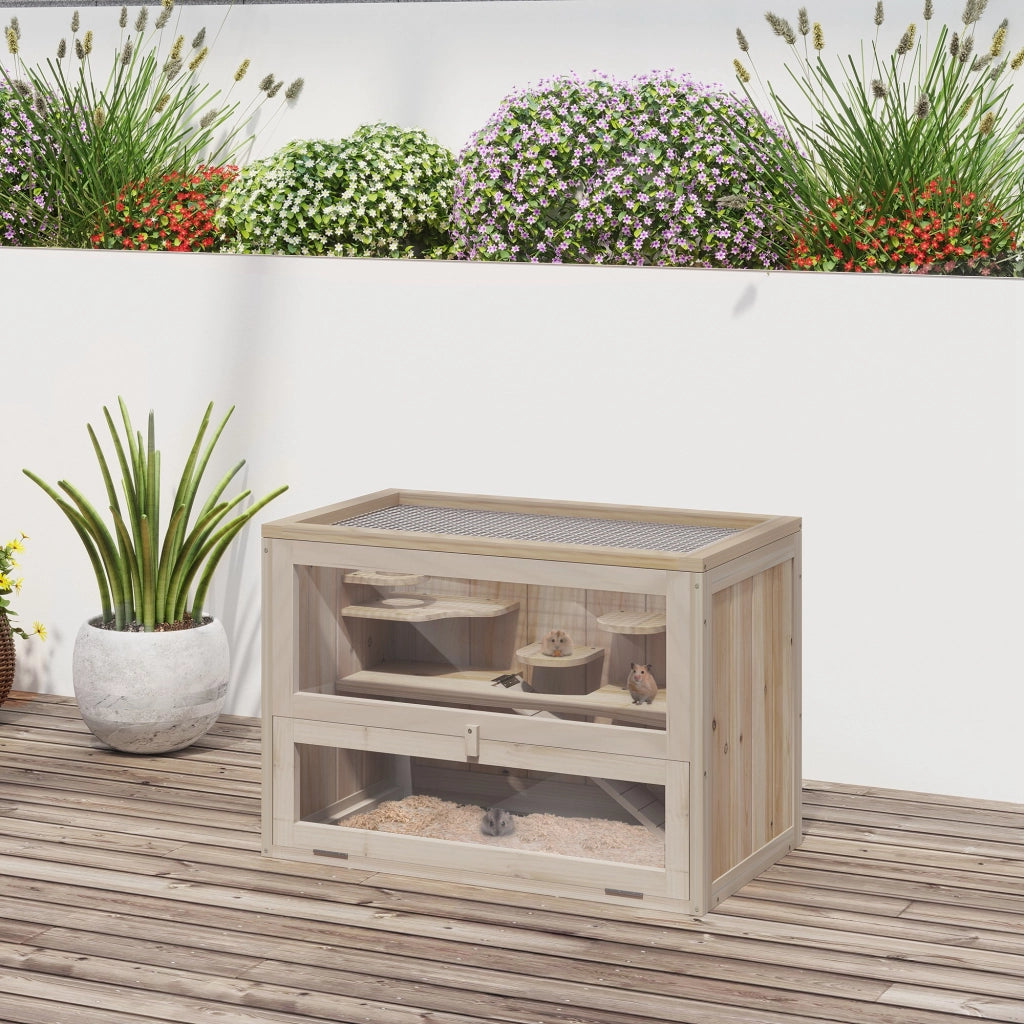 Gabbia per Criceti in Legno 2 Piani con Tetto a Gabbia Apribile ¨C zephmum ¨C 60x35x42 cm Naturale