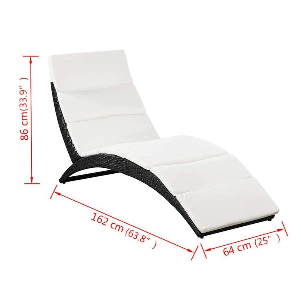 Folding Sun Lounger With Cushion, Poly Rattan, Black