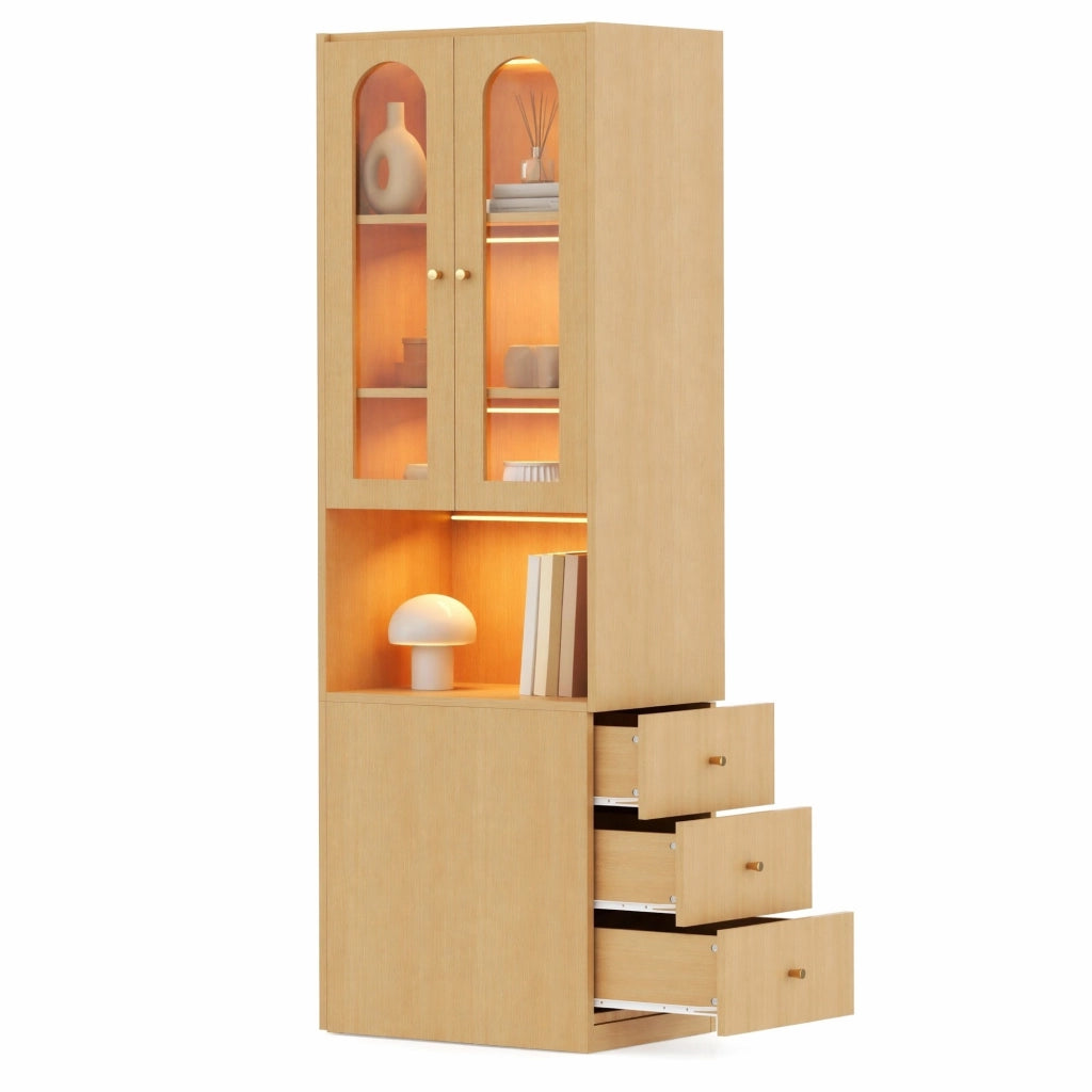 Libreria alta con 3 cassetti laterali; vetrina in vetro temperato e LED; 60×40×200 cm; MDF; rovere