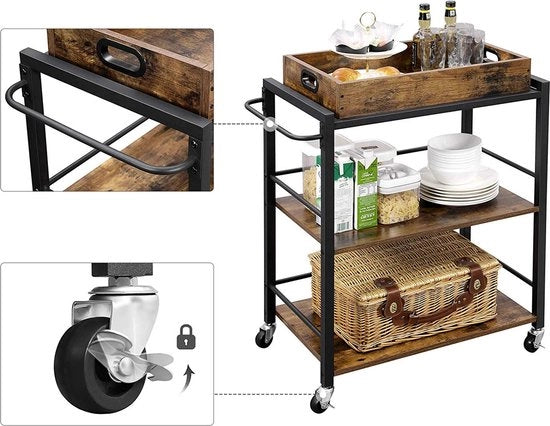 Carrello da cucina - Servizio con piatto - con piastra di servizio - con piastra di servizio in pelle marrone vintage