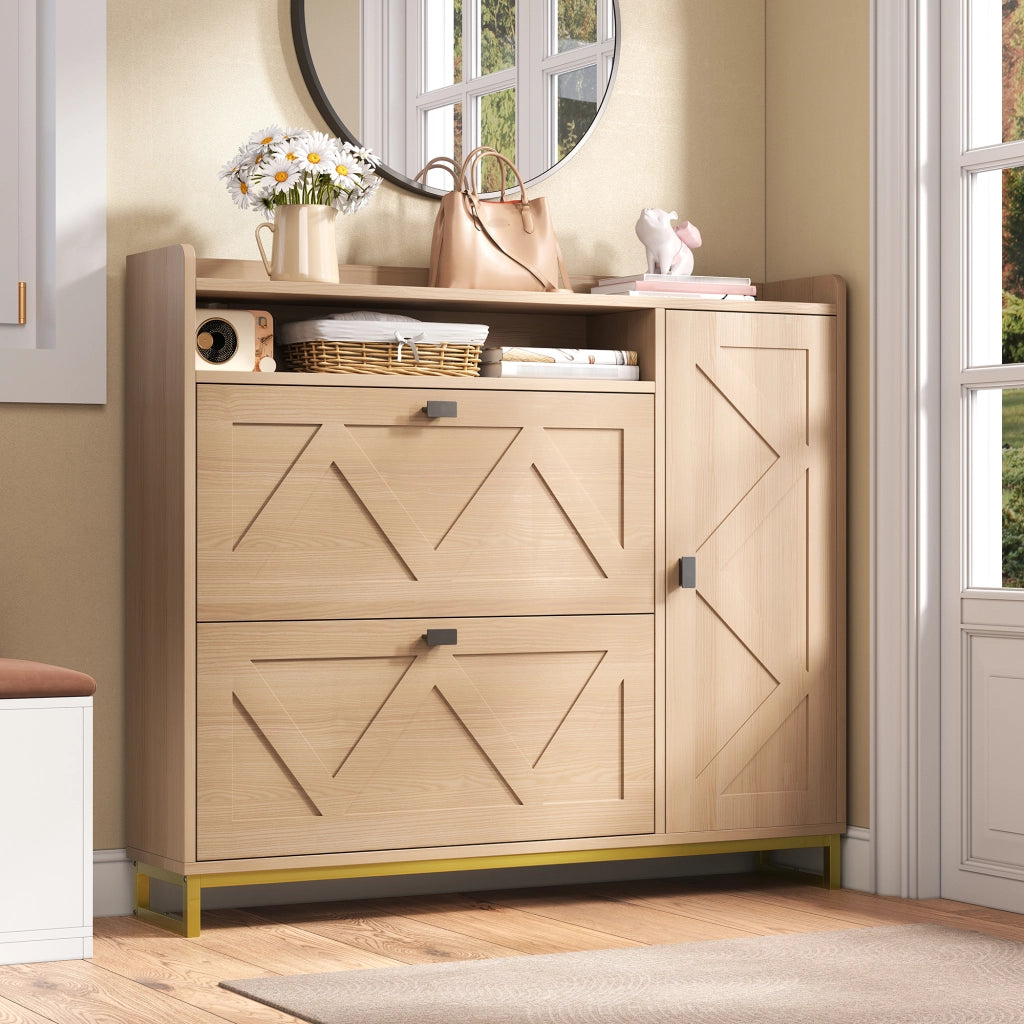 Armadio per scarpe con coperchio ribaltabile doppio - Zephmum- Ripiano superiore aperto, porte geometriche, struttura in metallo