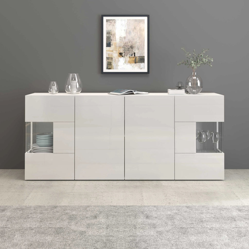 WHOUS Credenza Egypt a 4 ante con inserti in vetro espositivi bianco lucido 180x40x80 cm