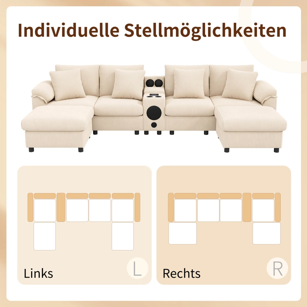 Divano modulare a U in velluto a coste con Bluetooth; console; spazio contenitivo; USB e C; beige 315;5 Ã— 144 Ã— 84;5 cm