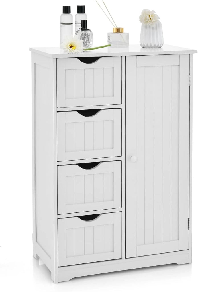Mobiletto da Pavimento per Bagno con 4 Cassetti e 1 Anta, Mobile Multiuso con Ripiano Regolabile, Mobile da Terra in Legno per Soggiorno, Bagno, 56 x 30 x 82 cm (Bianco)