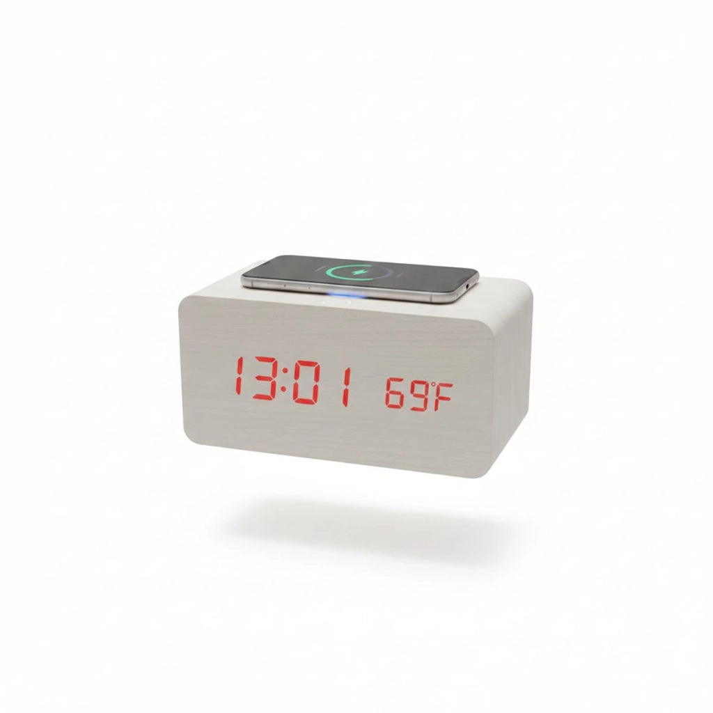 SVEGLIA DIGITALE MULTIFUNZIONE LEGNO LED RICARICA WIRELESS TEMPERATURA 06724