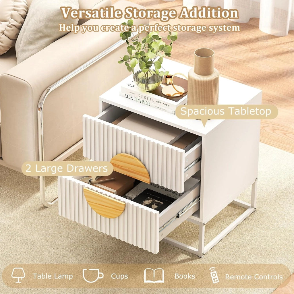 Comodino con 2 Cassetti, Maniglie in Legno di Pino e Struttura in Metallo, Tavolino Lato Moderno per Camera da Letto, Soggiorno, 48 x 40 x 55 cm (L x P x A)