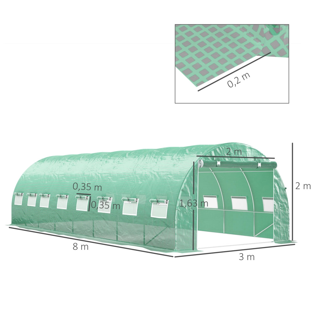 Serra Tunnel da Giardino 24m2 ¨C Xylo ¨C 8x3x2m Acciaio Galvanizzato Verde con 16 Finestre
