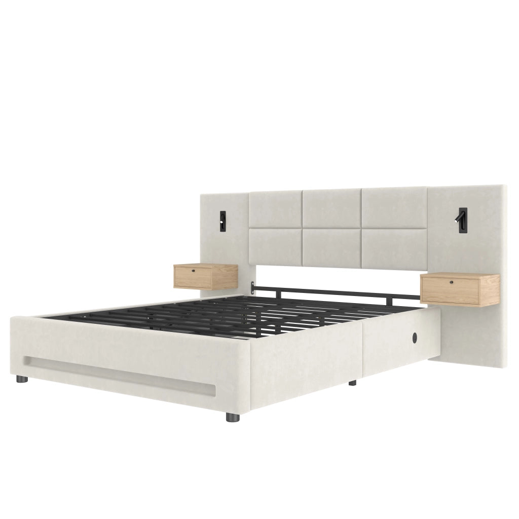 Letto imbottito 160x200 cm in velluto beige con testiera contenitore, USB-C, luci LED e vano salvaspazio