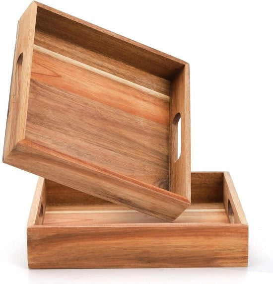Set di 2 tavoli da caffè in acacia con maniglie, tavoli da caffè decorativi 25 x 25 x 5 cm, tavolo da piedi, tavolo da salotto, tavolo quadrato in legno per mangiare, cena, caffè