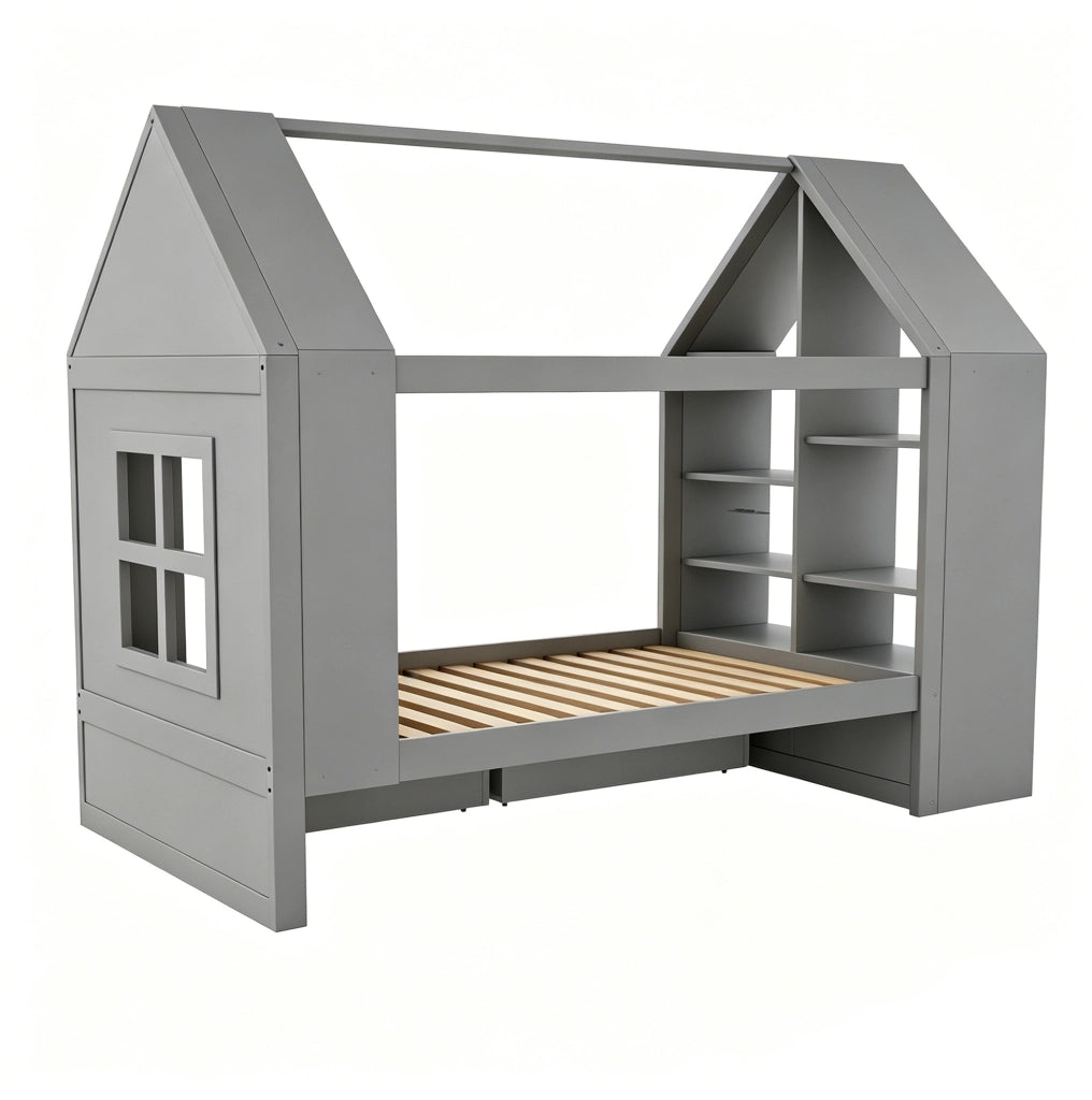 Letto per bambini a forma di casa 90x200 cm con LED; 2 cassetti e vano contenitore; grigio