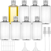Set di 8 flaconi di viaggio - 100ml flacone in plastica con chiusura a scatto, contenitore di cosmetici trasparente per viaggio con spruzzatore, sifone e etichetta - ideale per shampoo, condizionatore e lozione in volo