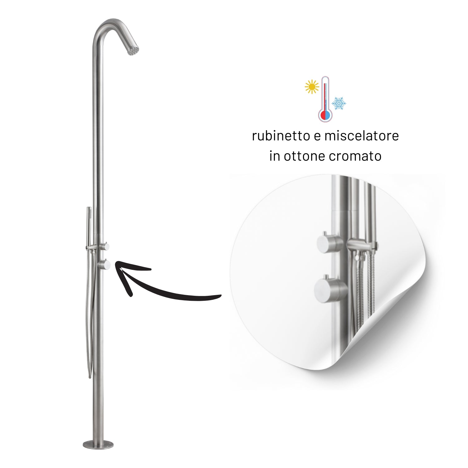 Colonna doccia da esterno leccio a pavimento inox spazzolato acqua calda fredda *** finitura- spazzolato, confezione 1