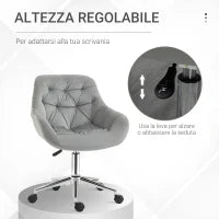 Sedia da Ufficio Ergonomica Girevole con Altezza Regolabile e Ruote, Rivestimento in Velluto, 59x58x80-90cm, Grigio